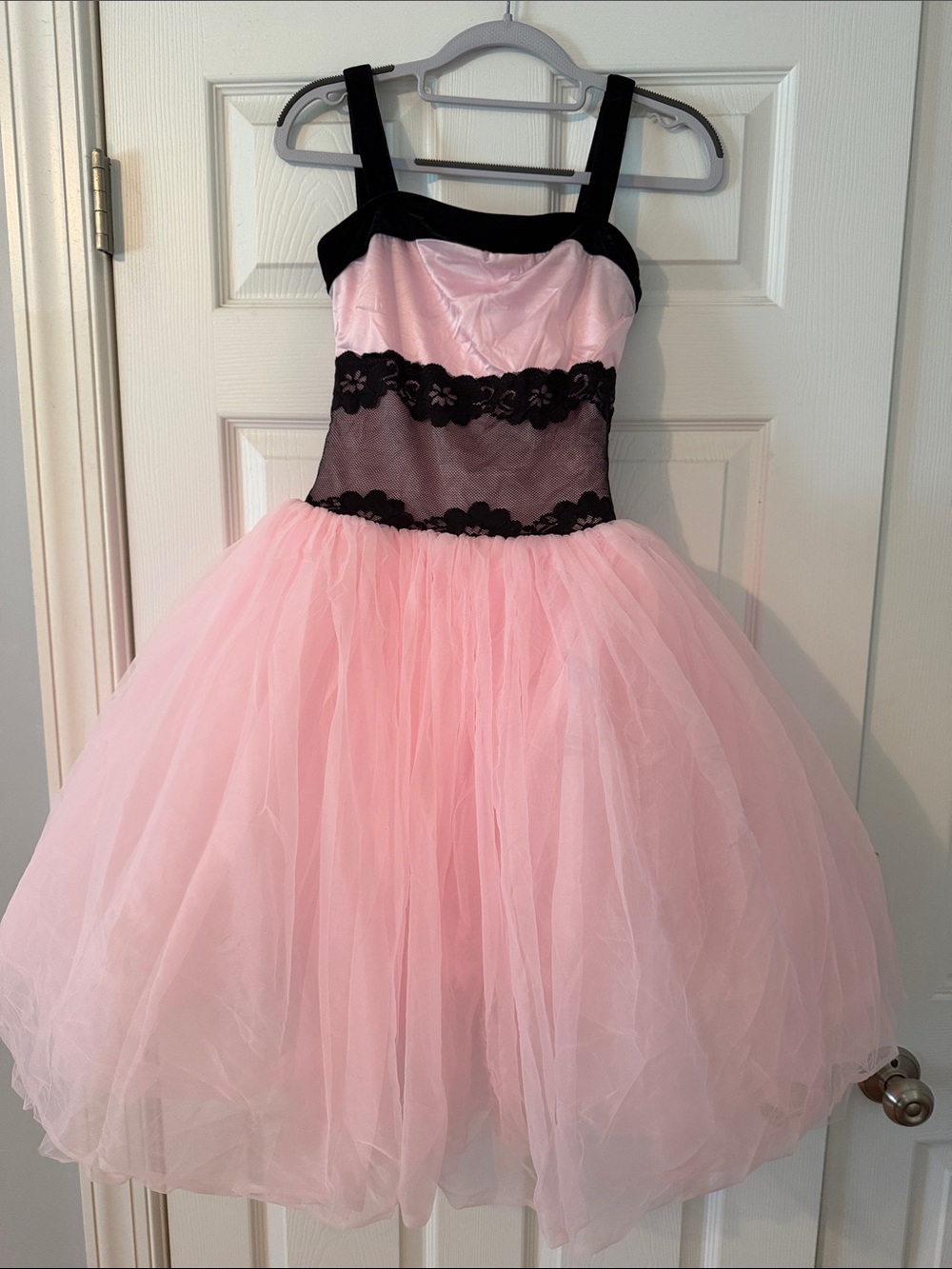 Pink and Black Tulle Dance Dress with Floral Lace Bodice